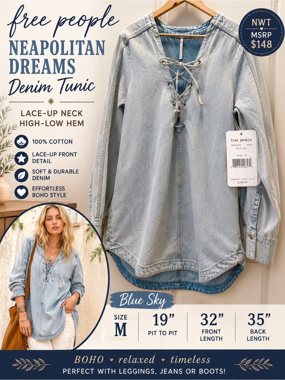 Free People Neapolitan Dreams Denim Lace Up Tunic M NWT $148